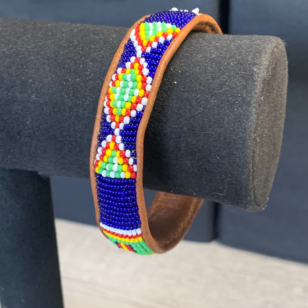 Handmade Beaded Leather Bangle Bracelet Blue Geometric Tribal Maasai 8 Inch